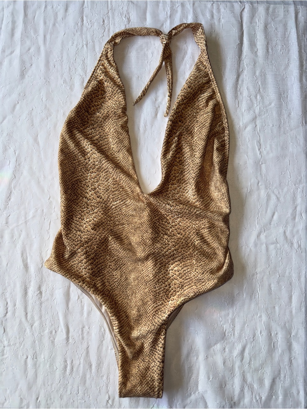 One-Piece Halter Deep V Swimsuit in Golden Snake Print